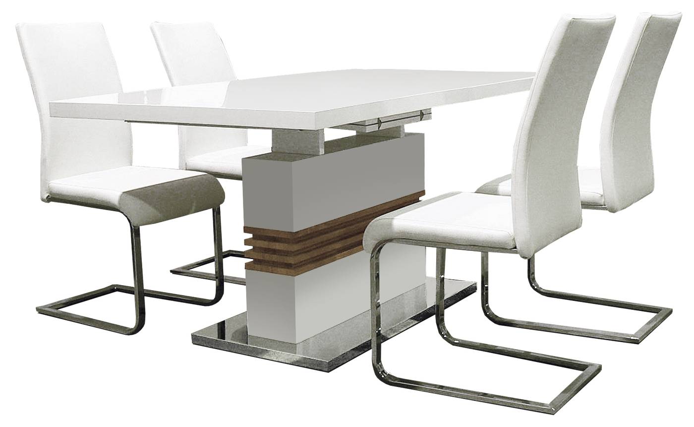 Mesa de comedor extensible. Lacada en blanco alto brillo, extensible combinado color roble